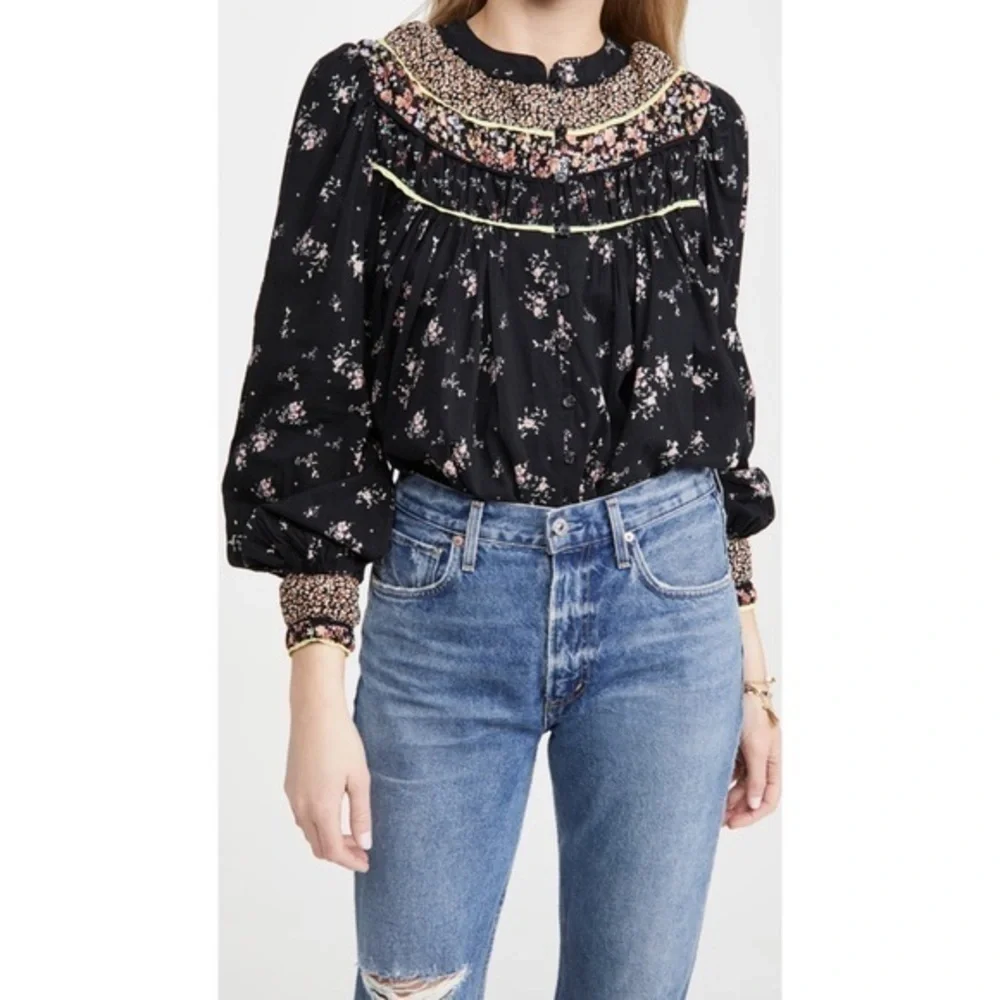 Free People Paloma Print Top Floral Peasant Cottagecore Boho Vintage Vibe Blouse